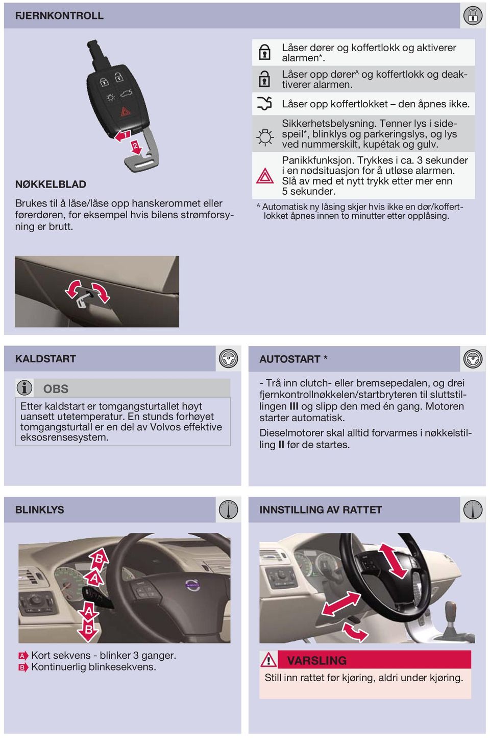 Tenner lys i sidespeil*, blinklys og parkeringslys, og lys ved nummerskilt, kupétak og gulv. Panikkfunksjon. Trykkes i ca. 3 sekunder i en nødsituasjon for å utløse alarmen.