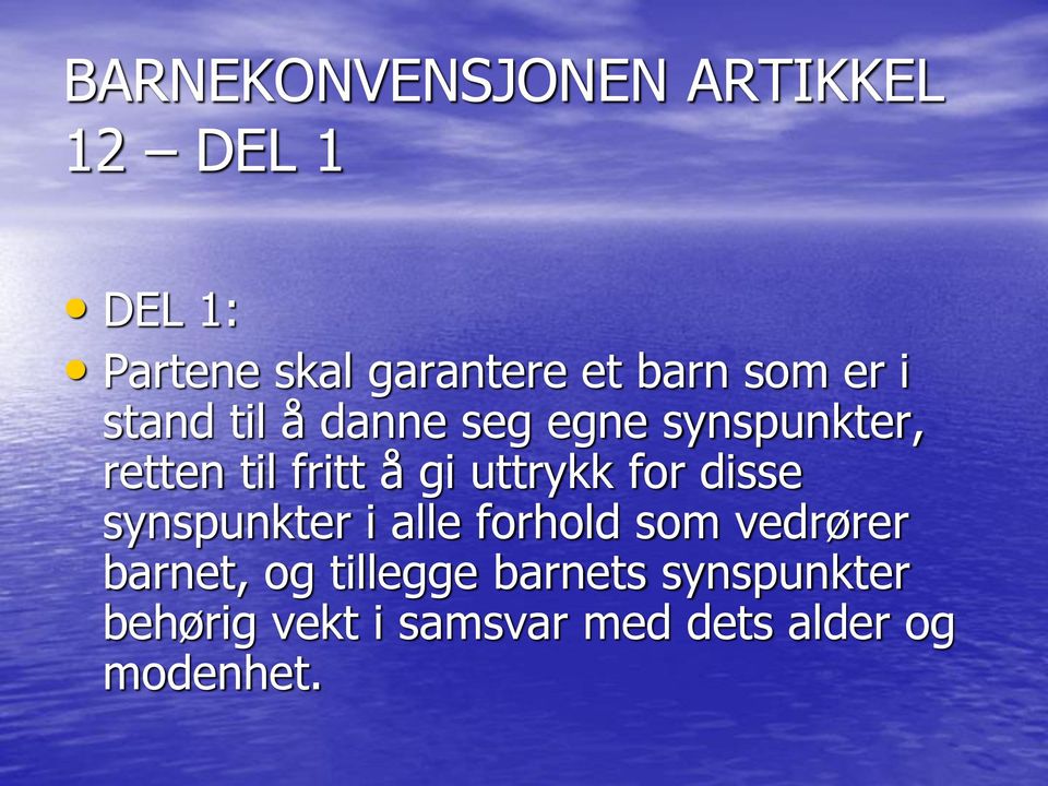 uttrykk for disse synspunkter i alle forhold som vedrører barnet, og