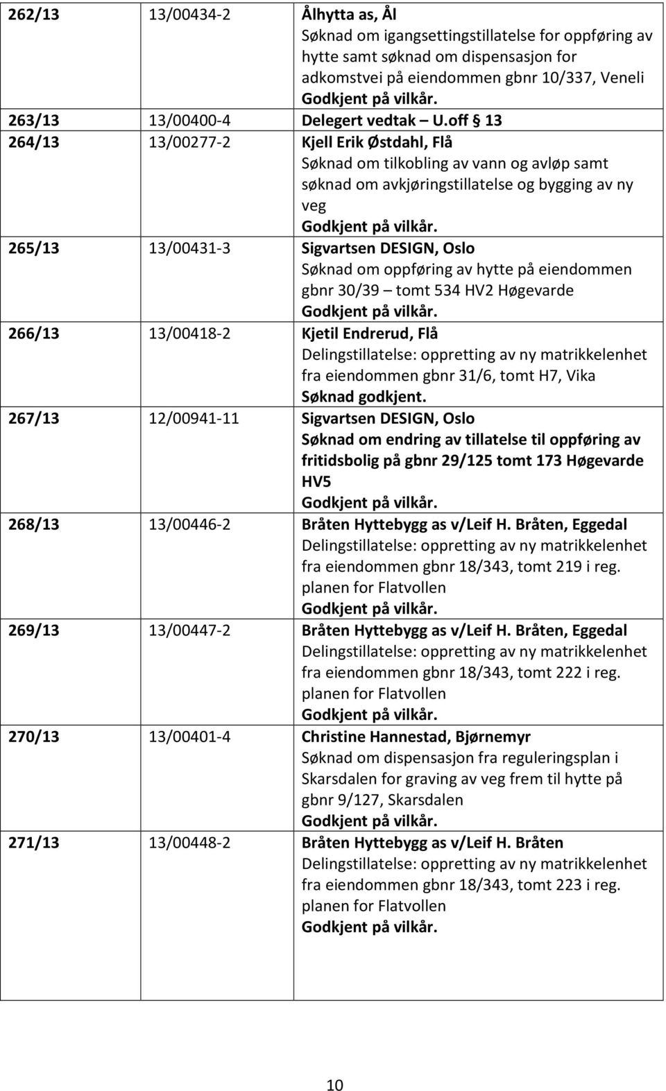 off 13 264/13 13/00277-2 Kjell Erik Østdahl, Flå Søknad om tilkobling av vann og avløp samt søknad om avkjøringstillatelse og bygging av ny veg 265/13 13/00431-3 Sigvartsen DESIGN, Oslo Søknad om