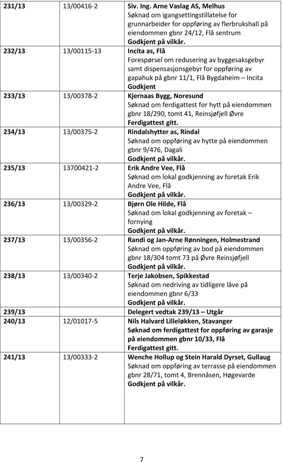 redusering av byggesaksgebyr samt dispensasjonsgebyr for oppføring av gapahuk på gbnr 11/1, Flå Bygdaheim Incita Godkjent 233/13 13/00378-2 Kjernaas Bygg, Noresund Søknad om ferdigattest for hytt på