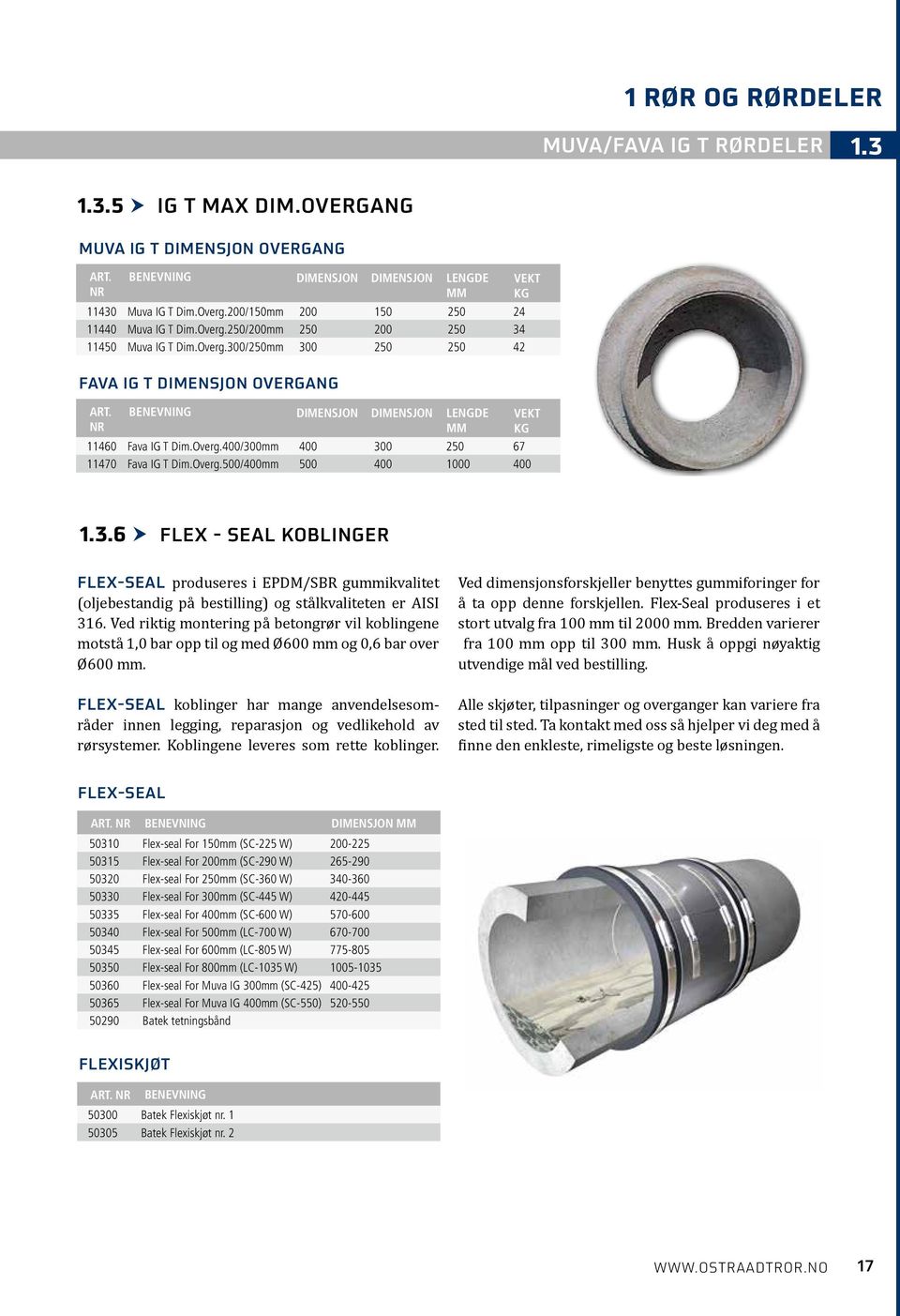 nr Benevning dimensjon dimensjon lengde vekt 11460 Fava IG T Dim.Overg.400/300 400 300 250 67 11470 Fava IG T Dim.Overg.500/400 500 400 d 1000 400.4.4 Bend 1.3.6 FleX - seal koblinger Innv.
