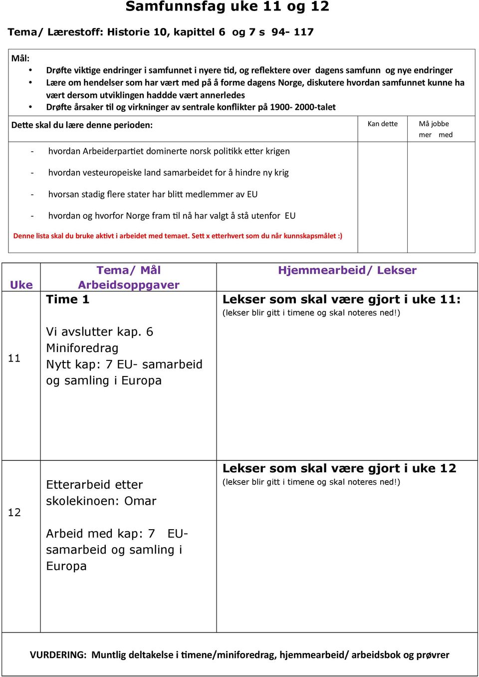 1900-2000-talet Dette skal du lære denne perioden: Kan dette Må jobbe mer med - hvordan Arbeiderpartiet dominerte norsk politikk etter krigen - hvordan vesteuropeiske land samarbeidet for å hindre ny