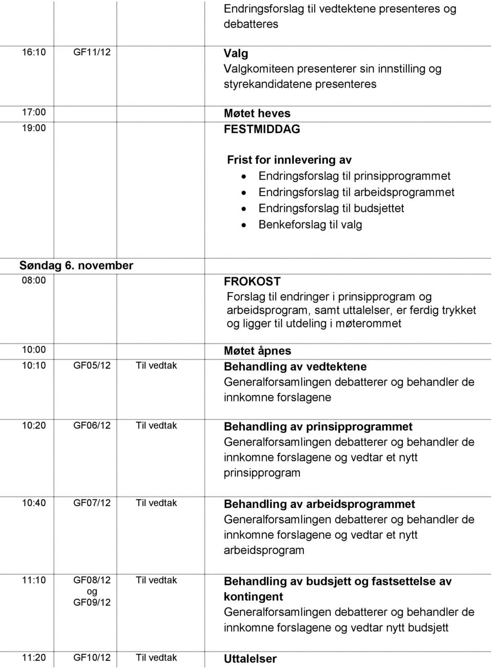 november 08:00 FROKOST Forslag til endringer i prinsipprogram og arbeidsprogram, samt uttalelser, er ferdig trykket og ligger til utdeling i møterommet 10:00 Møtet åpnes 10:10 GF05/12 Til vedtak