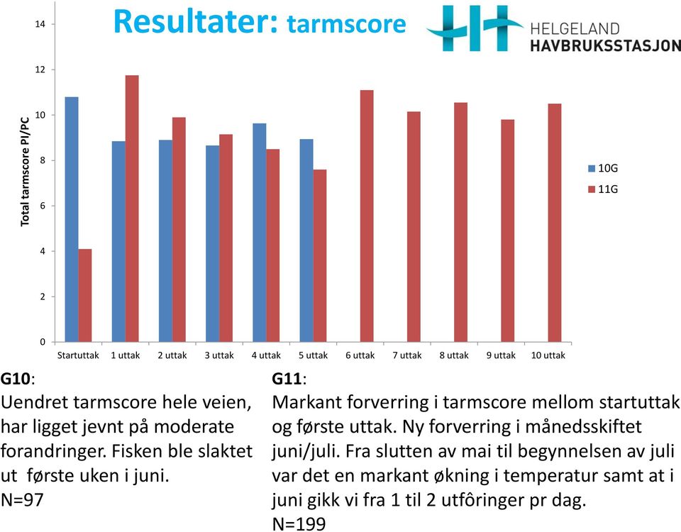 Fisken ble slaktet ut første uken i juni. N=97 G11: Markant forverring i tarmscore mellom startuttak og første uttak.