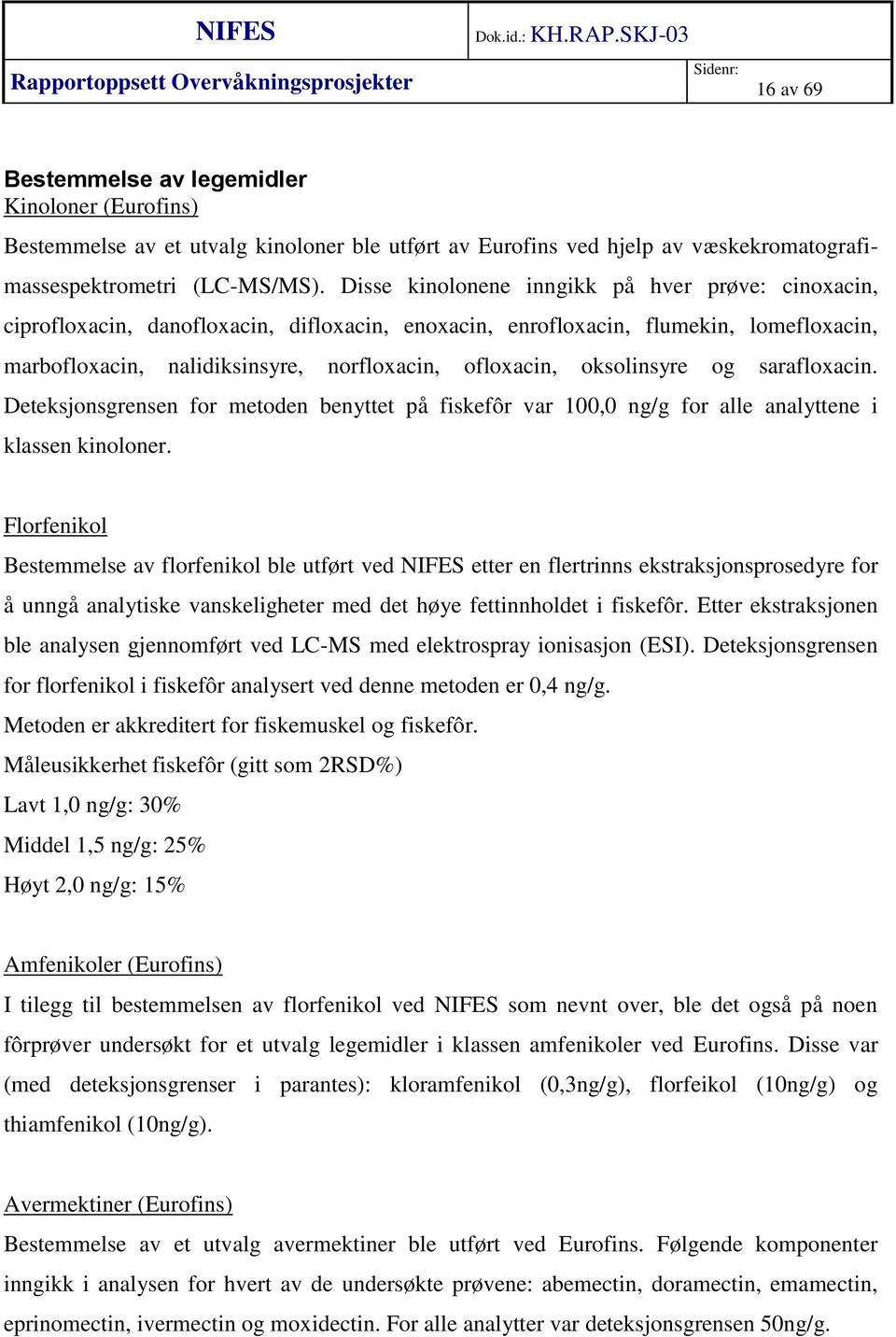 oksolinsyre og sarafloxacin. Deteksjonsgrensen for metoden benyttet på fiskefôr var 100,0 ng/g for alle analyttene i klassen kinoloner.