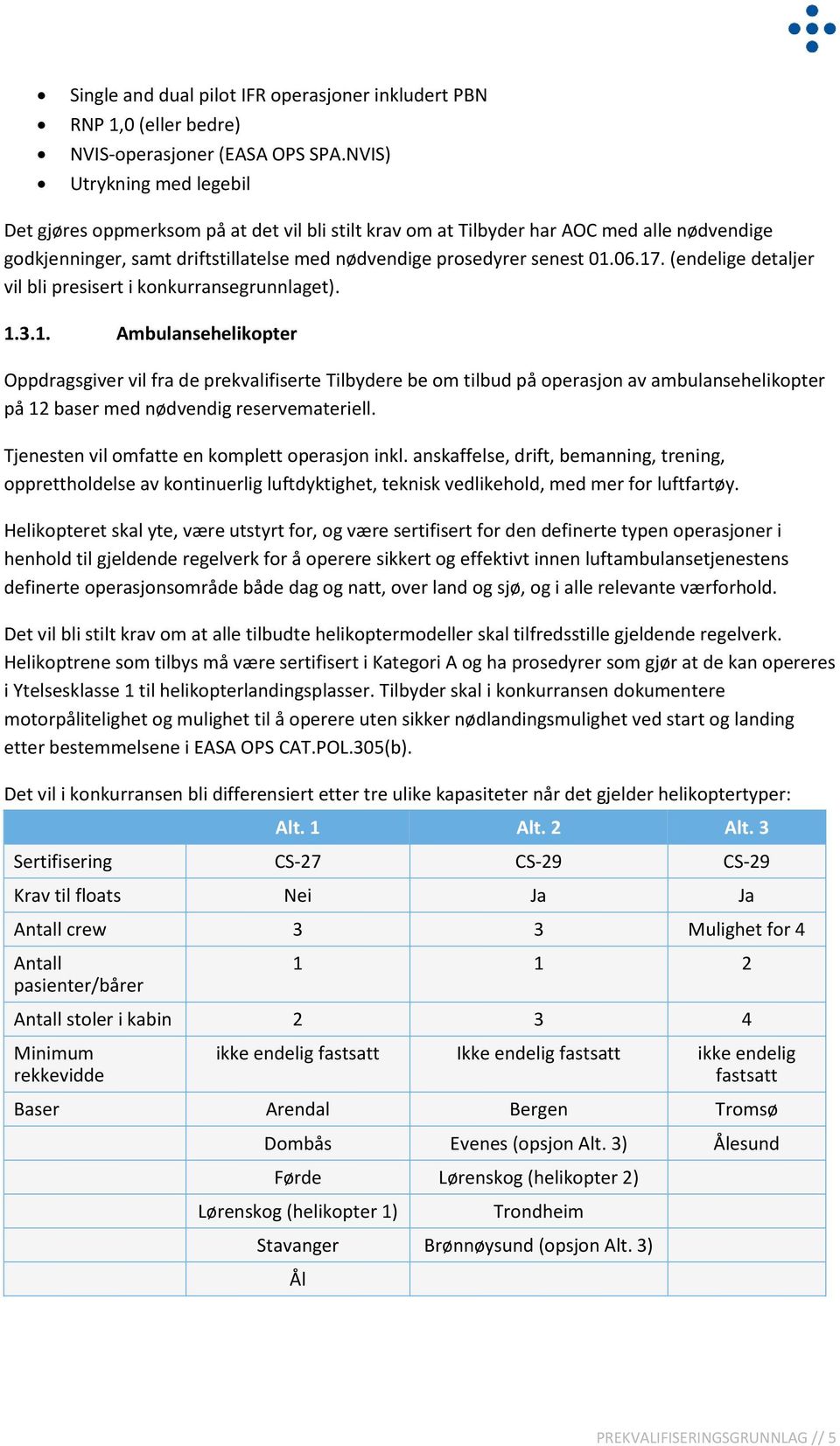 17. (endelige detaljer vil bli presisert i konkurransegrunnlaget). 1.3.1. Ambulansehelikopter Oppdragsgiver vil fra de prekvalifiserte Tilbydere be om tilbud på operasjon av ambulansehelikopter på 12 baser med nødvendig reservemateriell.