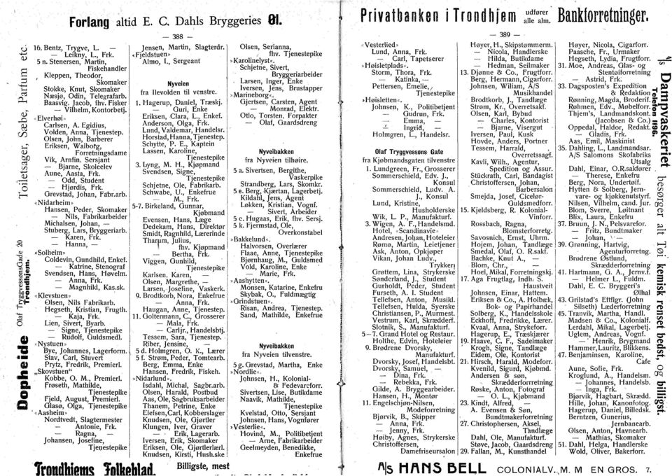 Egidius, Vlden, Anna, Tjenestep. lsen, Jhn, Barberer Eriksen, Walbfg, Frretningsdame Vik, Arnfin, Sersjant Bjarne, Skleelev Aune, Aasta, Frk. dd, Student Hjørdis, Frk. revstad, Jhan, Fsbr.arb. «Nidarheim» Hansen, Peder, Skmaker Nils, Fabrikarbeider Michalsen, Jhan, Stuberg, Lars, Bryggeriarb.