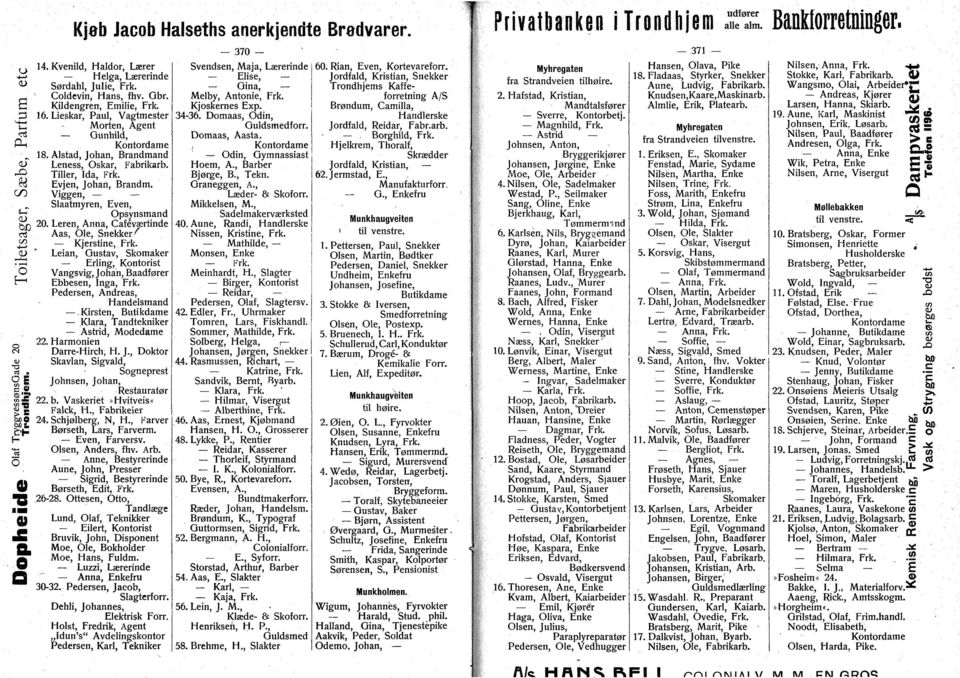 Evjen, Jhan, Brandm. Viggen, Slaatmyren, Even, psynsmand 20. Leren, Anna, Caféværtinde Aas, le, Snekker' Kjerstine, Frk.