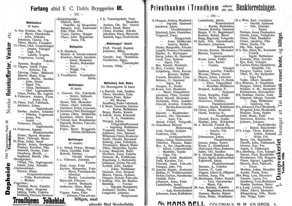 Viggen, Adlf, Fisker Kristine, Frk. Gjeving, skar, Blikkensl. Røseth, Marie, Enke Jhnsen, Martin, Snekker Jhn, Dreier Signe', Frk. Anna, Butikdame laf, Lagerarbeider lsen, Petter, fhv. Lagerb. 9.