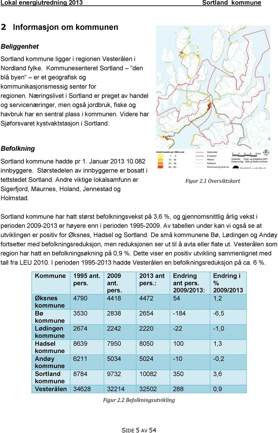 Befolkning hadde pr 1. Januar 2013 10.082 innbyggere. Størstedelen av innbyggerne er bosatt i tettstedet Sortland. Andre viktige lokalsamfunn er Sigerfjord, Maurnes, Holand, Jennestad og Holmstad.