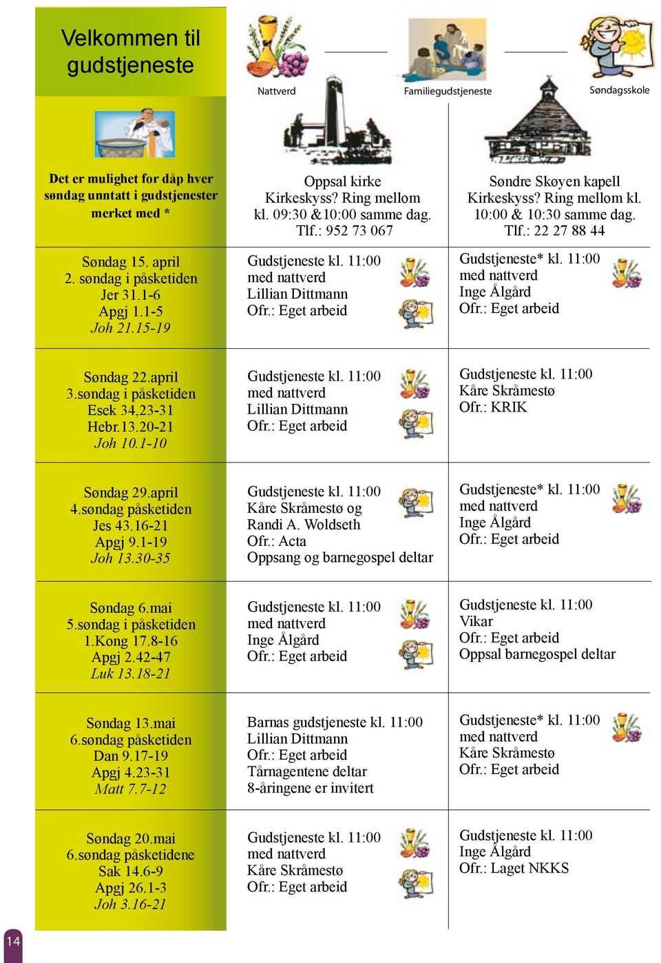 11:00 Inge Ålgård Søndag 22.april 3.søndag i påsketiden Esek 34,23-31 Hebr.13.20-21 Joh 10.1-10 Lillian Dittmann Kåre Skråmestø Ofr.: KRIK Søndag 29.april 4.søndag påsketiden Jes 43.16-21 Apgj 9.