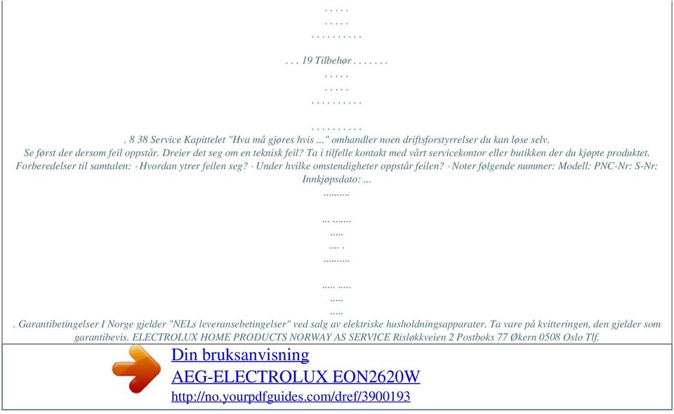 Noter følgende nummer: Modell: PNC-Nr: S-Nr: Innkjøpsdato:............. Garantibetingelser I Norge gjelder "NELs leveransebetingelser" ved salg av elektriske husholdningsapparater.