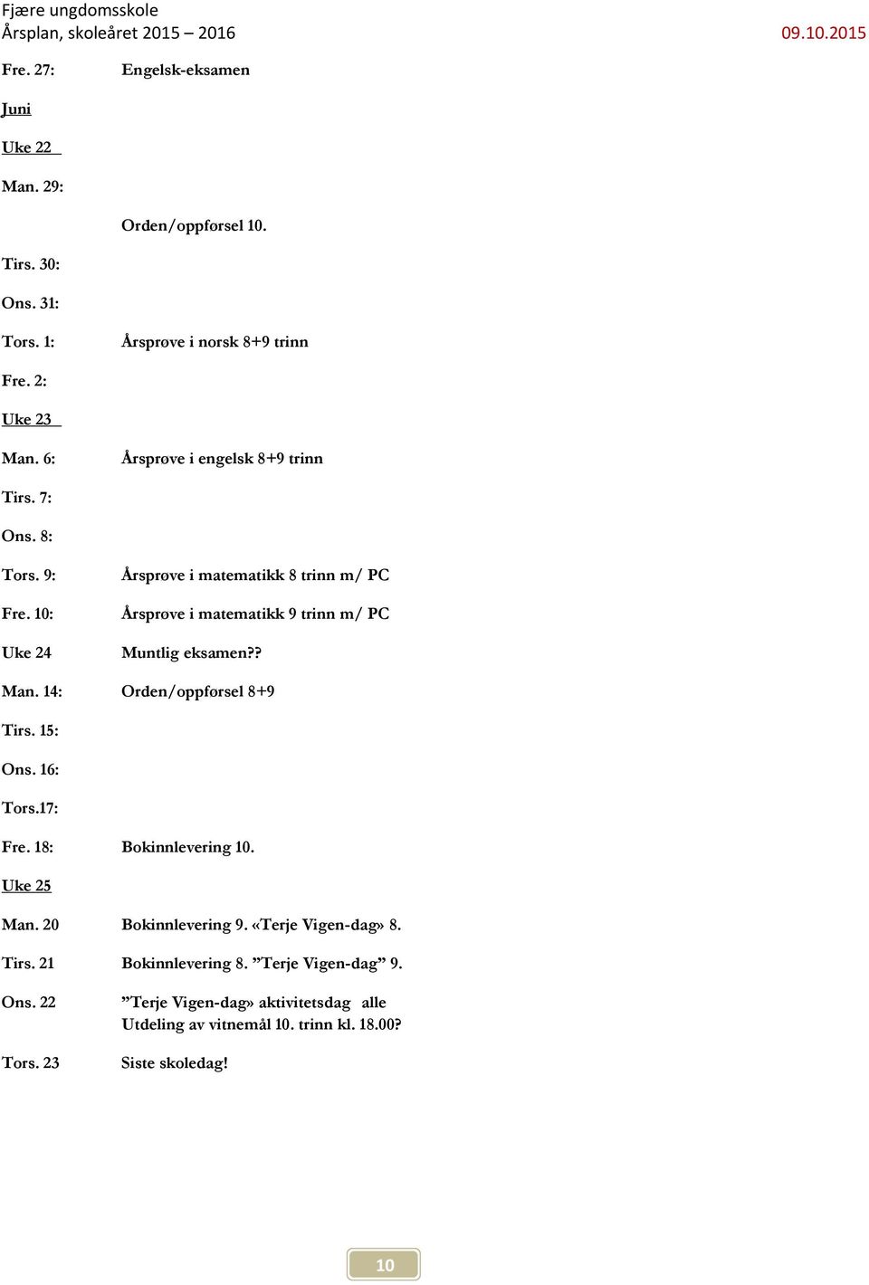 10: Uke 24 Årsprøve i matematikk 8 trinn m/ PC Årsprøve i matematikk 9 trinn m/ PC Muntlig eksamen?? Man. 14: Orden/oppførsel 8+9 Tirs. 15: Ons.