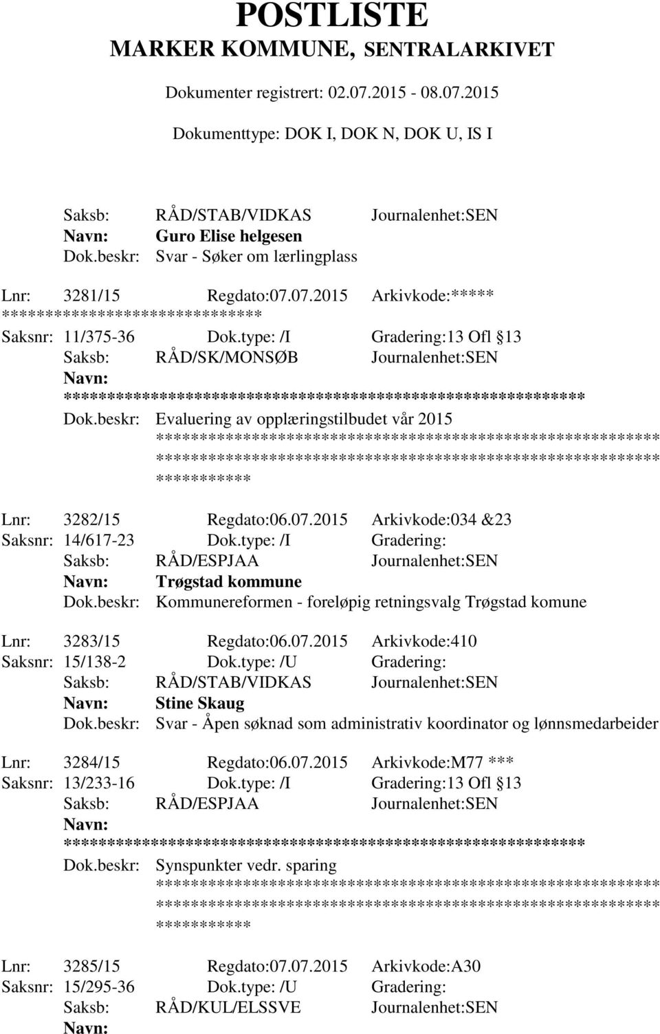 type: /I Gradering: Saksb: RÅD/ESPJAA Journalenhet:SEN Trøgstad kommune Dok.beskr: Kommunereformen - foreløpig retningsvalg Trøgstad komune Lnr: 3283/15 Regdato:06.07.