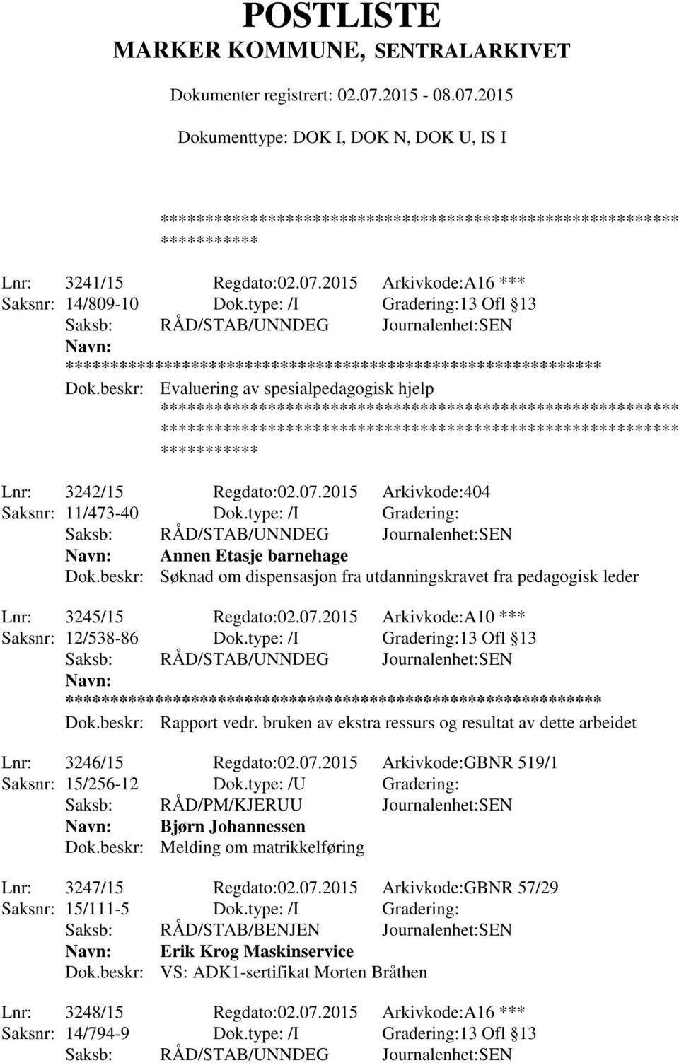 type: /I Gradering:13 Ofl 13 ** Dok.beskr: Rapport vedr. bruken av ekstra ressurs og resultat av dette arbeidet Lnr: 3246/15 Regdato:02.07.2015 Arkivkode:GBNR 519/1 Saksnr: 15/256-12 Dok.