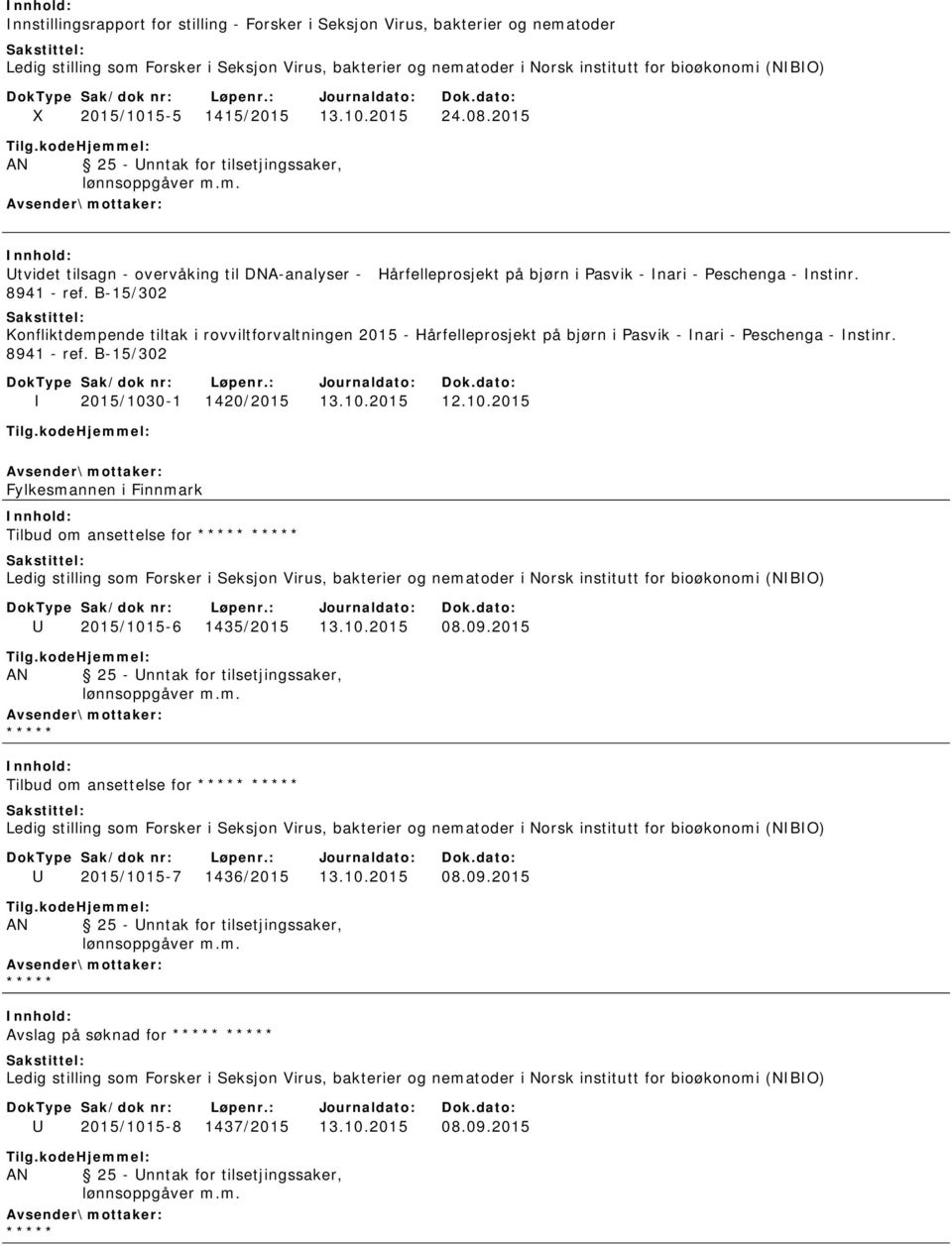 10.2015 Fylkesmannen i Finnmark Tilbud om ansettelse for ***** ***** U 2015/1015-6 1435/2015 13.10.2015 08.09.2015 AN 25 - Unntak for tilsetjingssaker, lønnsoppgåver m.m. ***** Tilbud om ansettelse for ***** ***** U 2015/1015-7 1436/2015 13.