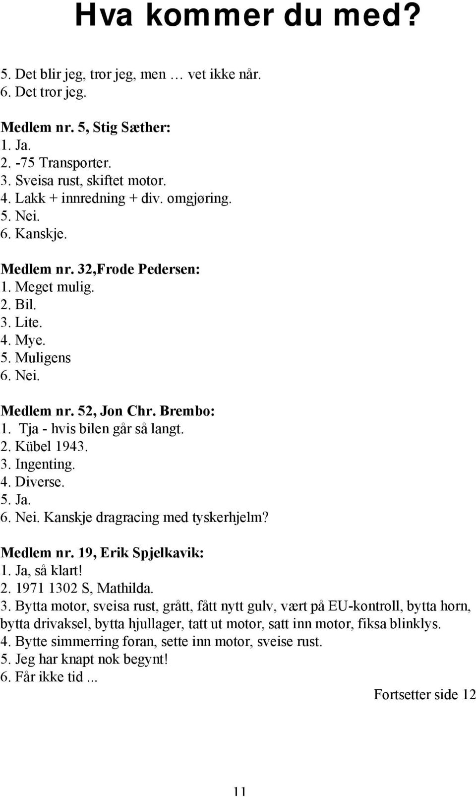 3. Ingenting. 4. Diverse. 5. Ja. 6. Nei. Kanskje dragracing med tyskerhjelm? Medlem nr. 19, Erik Spjelkavik: 1. Ja, så klart! 2. 1971 1302 S, Mathilda. 3.