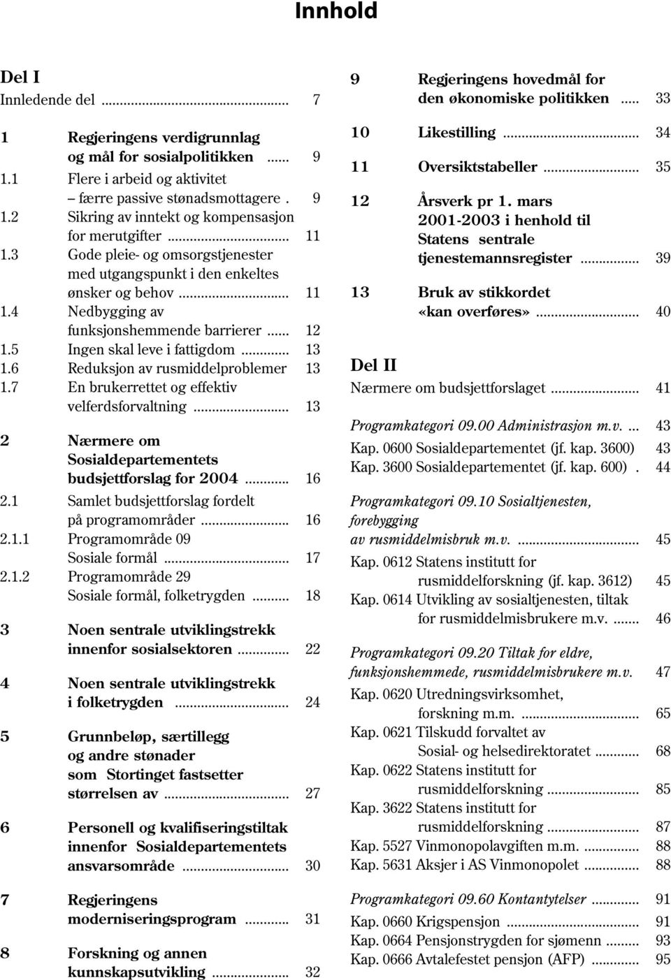 6 Reduksjon av rusmiddelproblemer 13 1.7 En brukerrettet og effektiv velferdsforvaltning... 13 2 Nærmere om s budsjettforslag for 2004... 16 2.1 Samlet budsjettforslag fordelt på programområder... 16 2.1.1 Programområde 09 Sosiale formål.