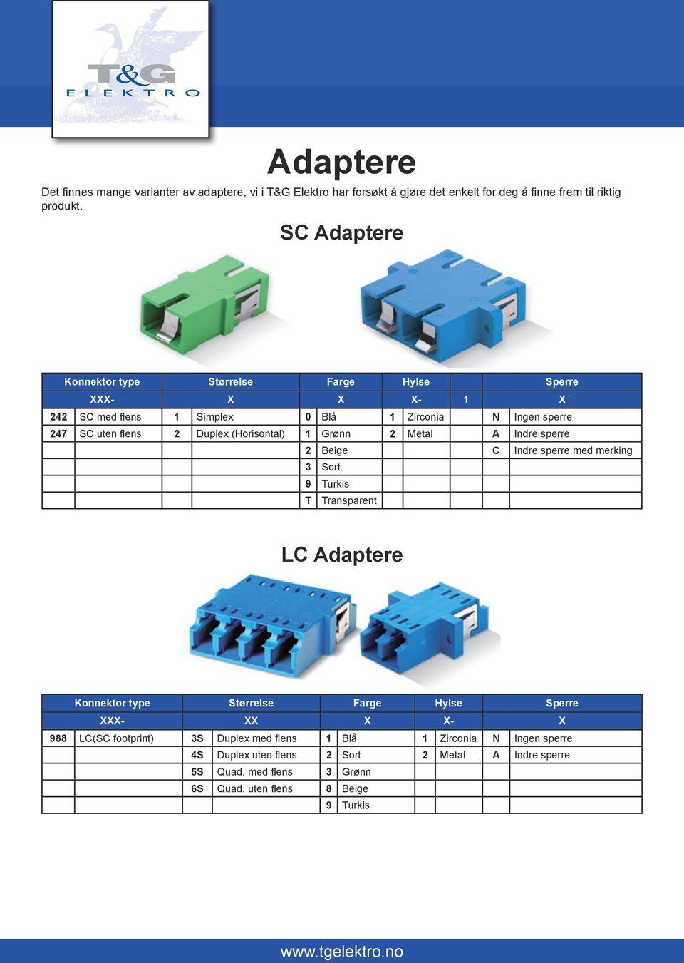 (Horisontal) 1 Grønn 2 Metal A Indre sperre 2 Beige C Indre sperre med merking 3 Sort 9 Turkis T Transparent LC Adaptere Konnektor type Størrelse Farge Hylse Sperre