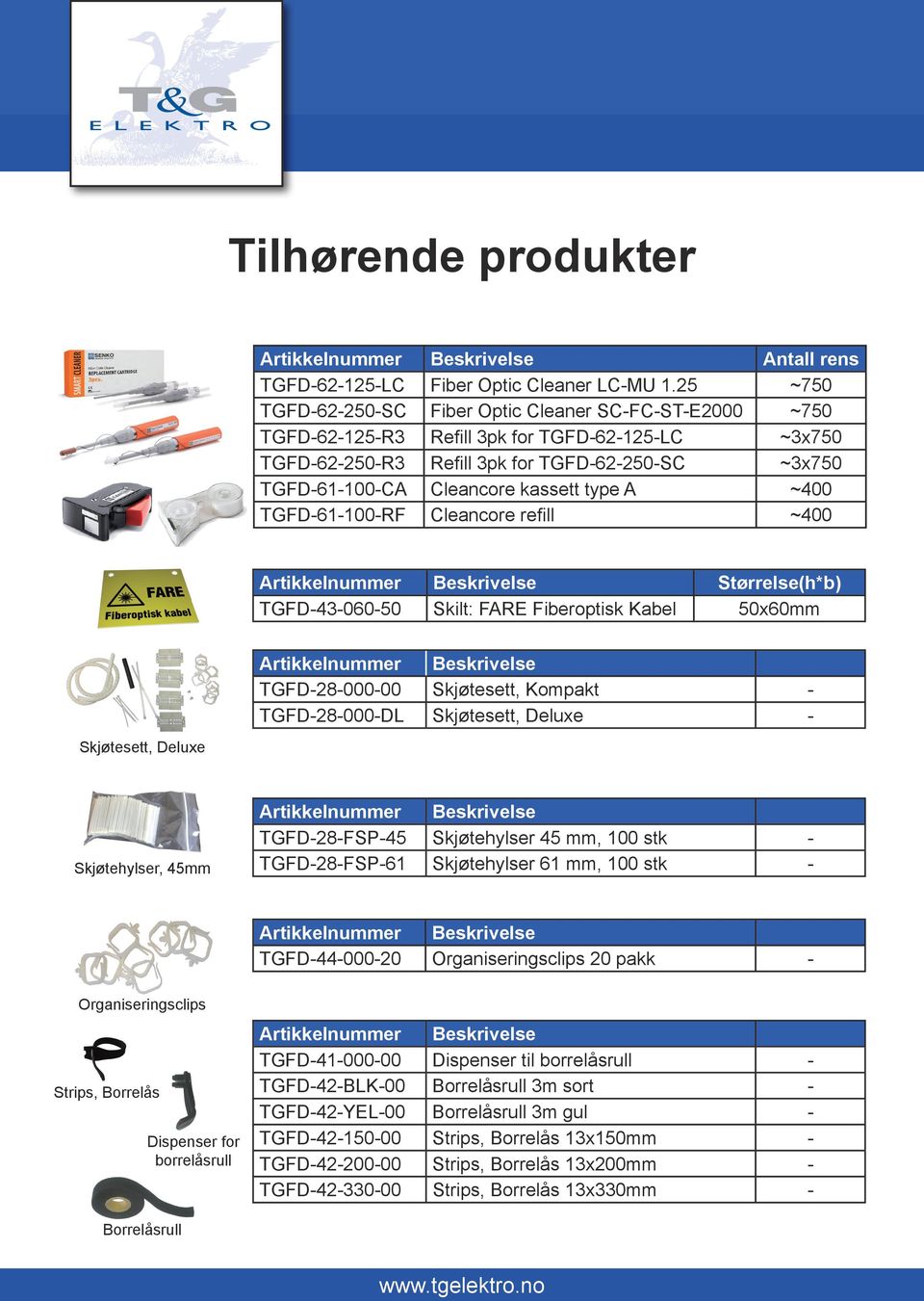 type A ~400 TGFD-61-100-RF Cleancore refill ~400 Artikkelnummer Beskrivelse Størrelse(h*b) TGFD-43-060-50 Skilt: FARE Fiberoptisk Kabel 50x60mm Skjøtesett, Deluxe Artikkelnummer Beskrivelse