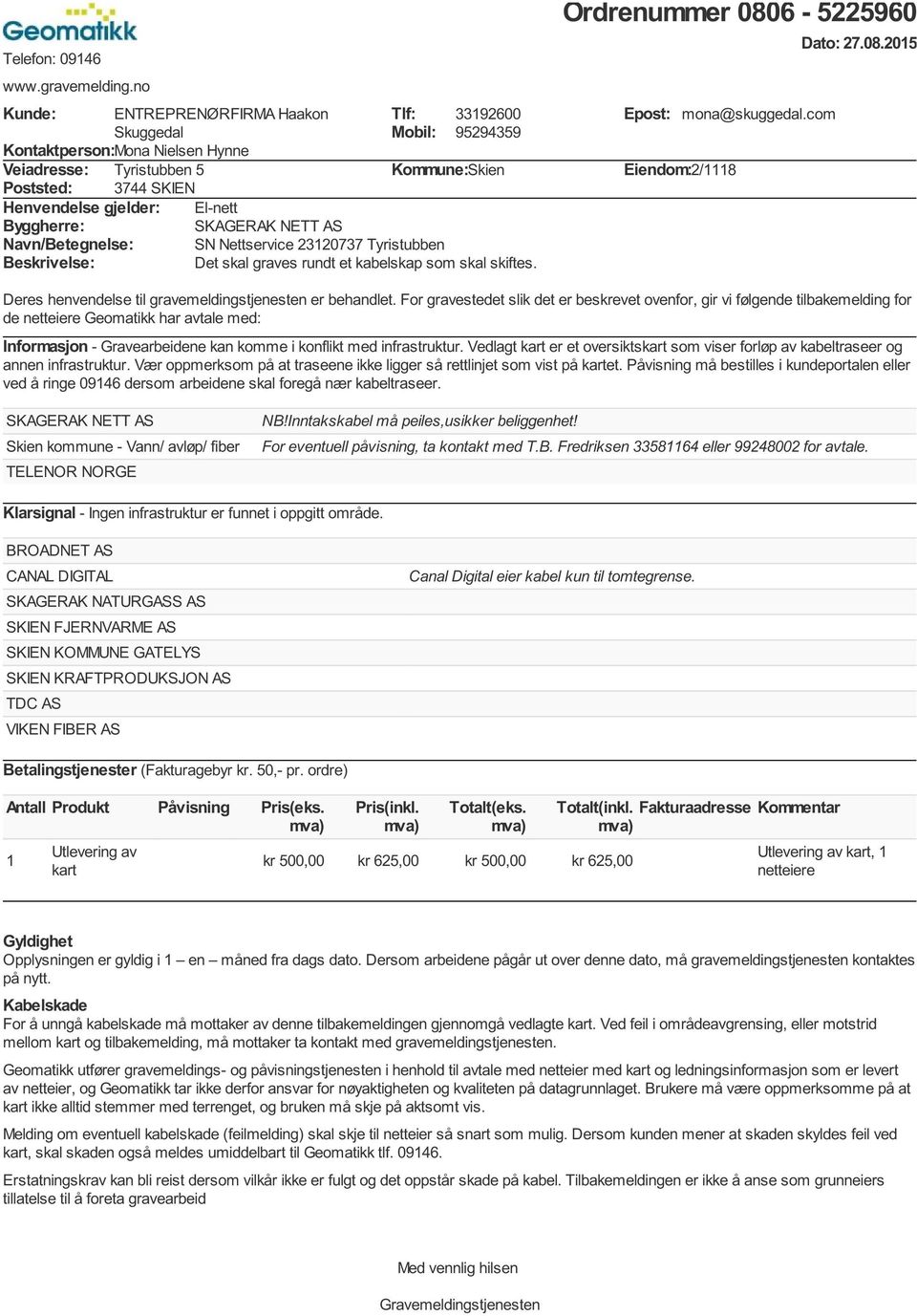 Beskrivelse: Tlf: 33192600 Mobil: 95294359 Kommune:Skien SN Nettservice 23120737 Tyristubben Det skal graves rundt et kabelskap som skal skiftes. Ordrenummer 0806-5225960 Dato: 27.08.2015 Epost: mona@skuggedal.