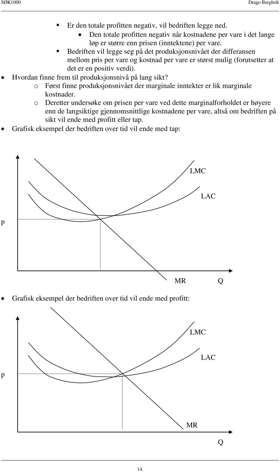 Hvordan finne frem til produksjonsnivå på lang sikt? o Først finne produksjonsnivået der marginale inntekter er lik marginale kostnader.