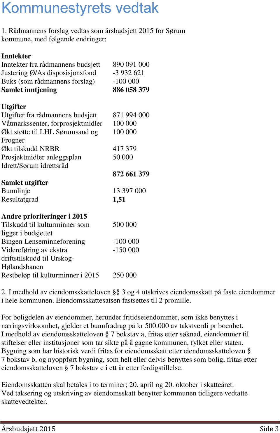 rådmannens forslag) -100 000 Samlet inntjening 886 058 379 Utgifter Utgifter fra rådmannens budsjett 871 994 000 Våtmarkssenter, forprosjektmidler 100 000 Økt støtte til LHL Sørumsand og 100 000