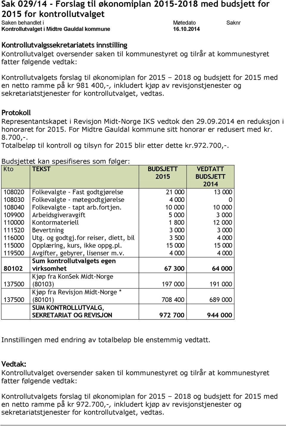 vedtas. Representantskapet i Revisjon Midt-Norge IKS vedtok den 29.09.2014 en reduksjon i honoraret for 2015. For Midtre Gauldal kommune sitt honorar er redusert med kr. 8.700,-.