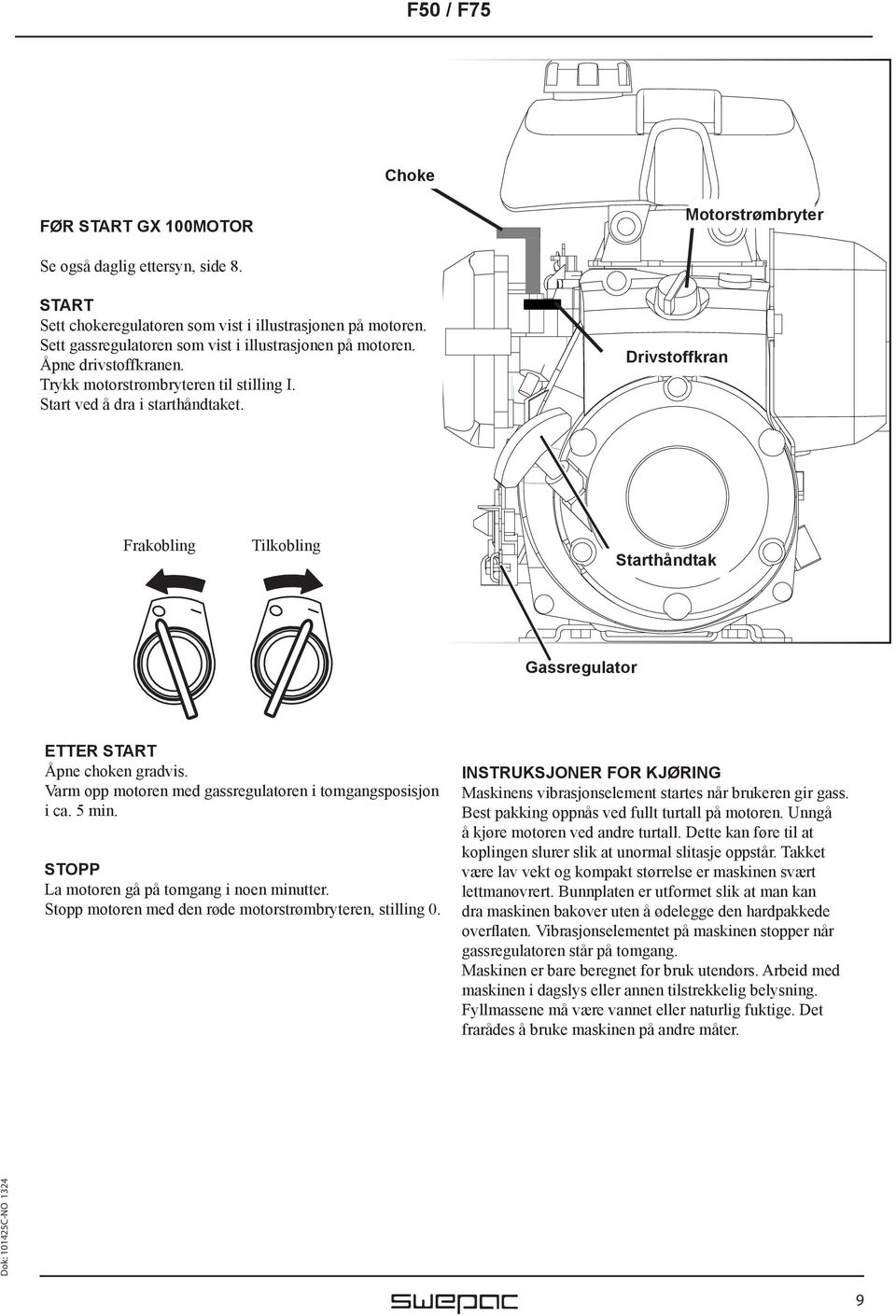 Drivstoffkran Frakobling Tilkobling Starthåndtak Gassregulator ETTER START Åpne choken gradvis. Varm opp motoren med gassregulatoren i tomgangsposisjon i ca. 5 min.