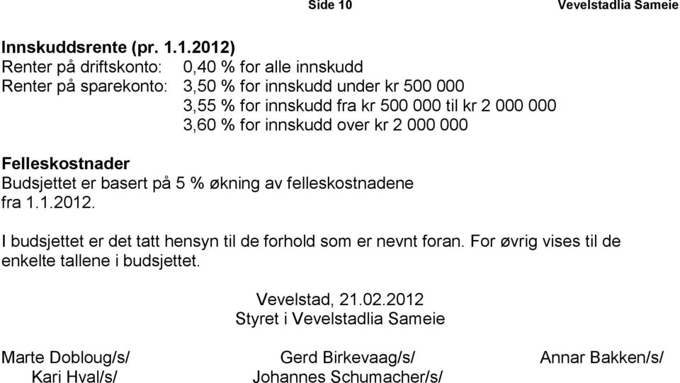 1.2012) Renter på driftskonto: 0,40 % for alle innskudd Renter på sparekonto: 3,50 % for innskudd under kr 500 000 3,55 % for innskudd fra