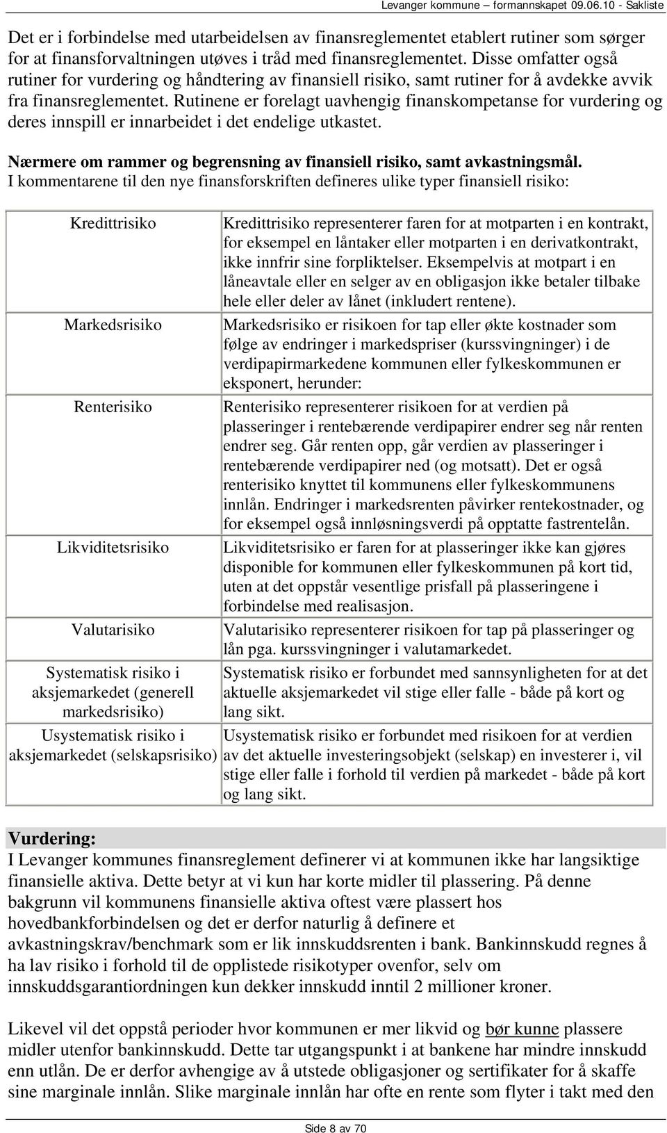 Rutinene er forelagt uavhengig finanskompetanse for vurdering og deres innspill er innarbeidet i det endelige utkastet. Nærmere om rammer og begrensning av finansiell risiko, samt avkastningsmål.