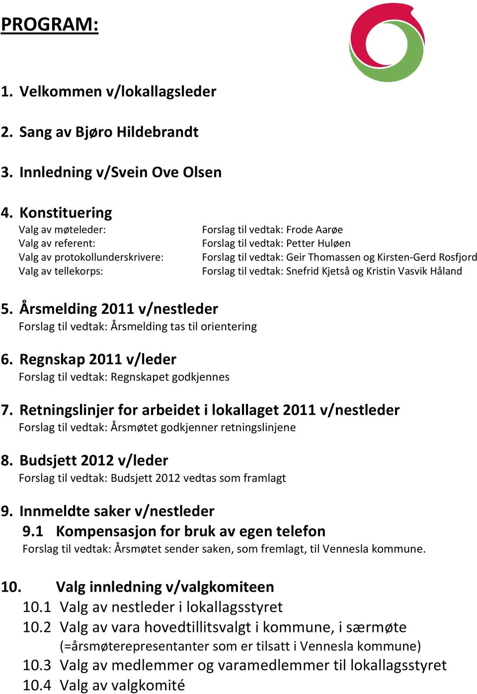 Thomassen og Kirsten-Gerd Rosfjord Forslag til vedtak: Snefrid Kjetså og Kristin Vasvik Håland 5. Årsmelding 2011 v/nestleder Forslag til vedtak: Årsmelding tas til orientering 6.