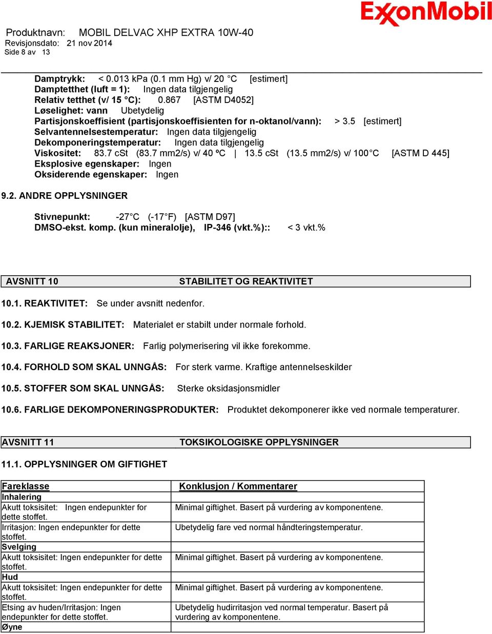 5 [estimert] Selvantennelsestemperatur: Ingen data tilgjengelig Dekomponeringstemperatur: Ingen data tilgjengelig Viskositet: 83.7 cst (83.7 mm2/s) v/ 40 ºC 13.5 cst (13.