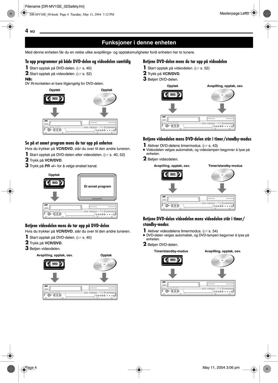 Ta opp programmer på både DVD-delen og videodelen samtidig Start opptak på DVD-delen. ( s. 0) Start opptak på videodelen. ( s. ) DV IN-kontakten er bare tilgjengelig for DVD-delen.