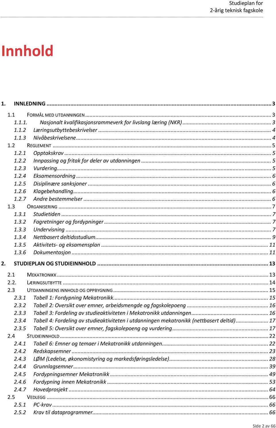 .. 6 1.3 ORGANISERING... 7 1.3.1 Studietiden... 7 1.3.2 Fagretninger og fordypninger... 7 1.3.3 Undervisning... 7 1.3.4 Nettbasert deltidsstudium... 9 1.3.5 Aktivitets og eksamensplan... 11 1.3.6 Dokumentasjon.