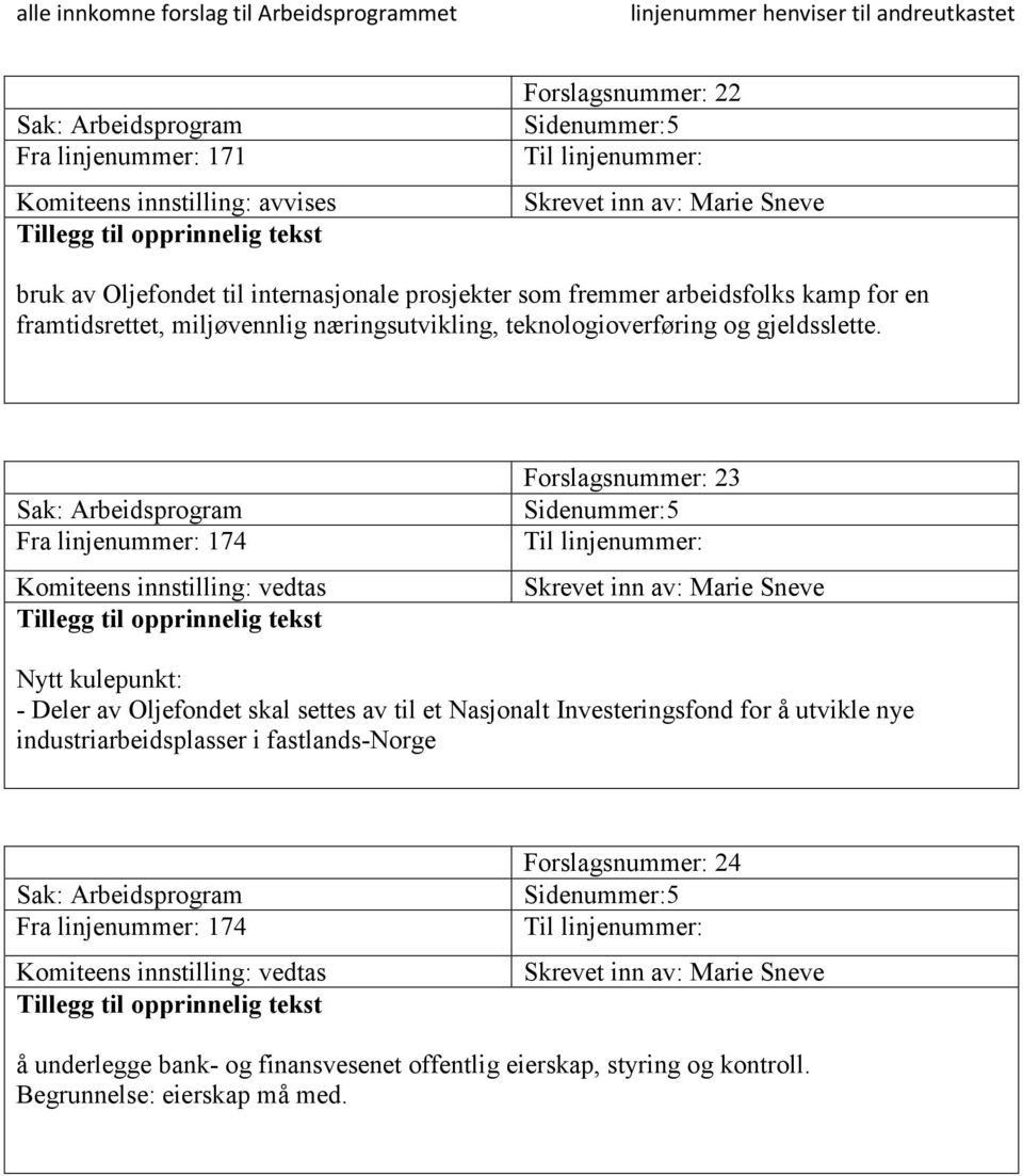 Fra linjenummer: 174 Forslagsnummer: 23 Sidenummer:5 Nytt kulepunkt: - Deler av Oljefondet skal settes av til et Nasjonalt Investeringsfond for å