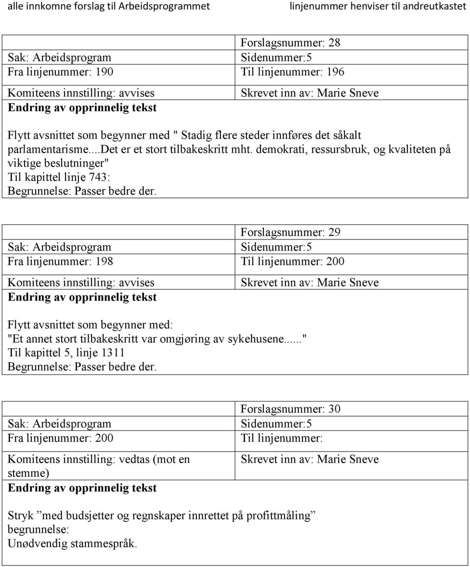 Forslagsnummer: 29 Sidenummer:5 Fra linjenummer: 198 200 Flytt avsnittet som begynner med: "Et annet stort tilbakeskritt var omgjøring av sykehusene.