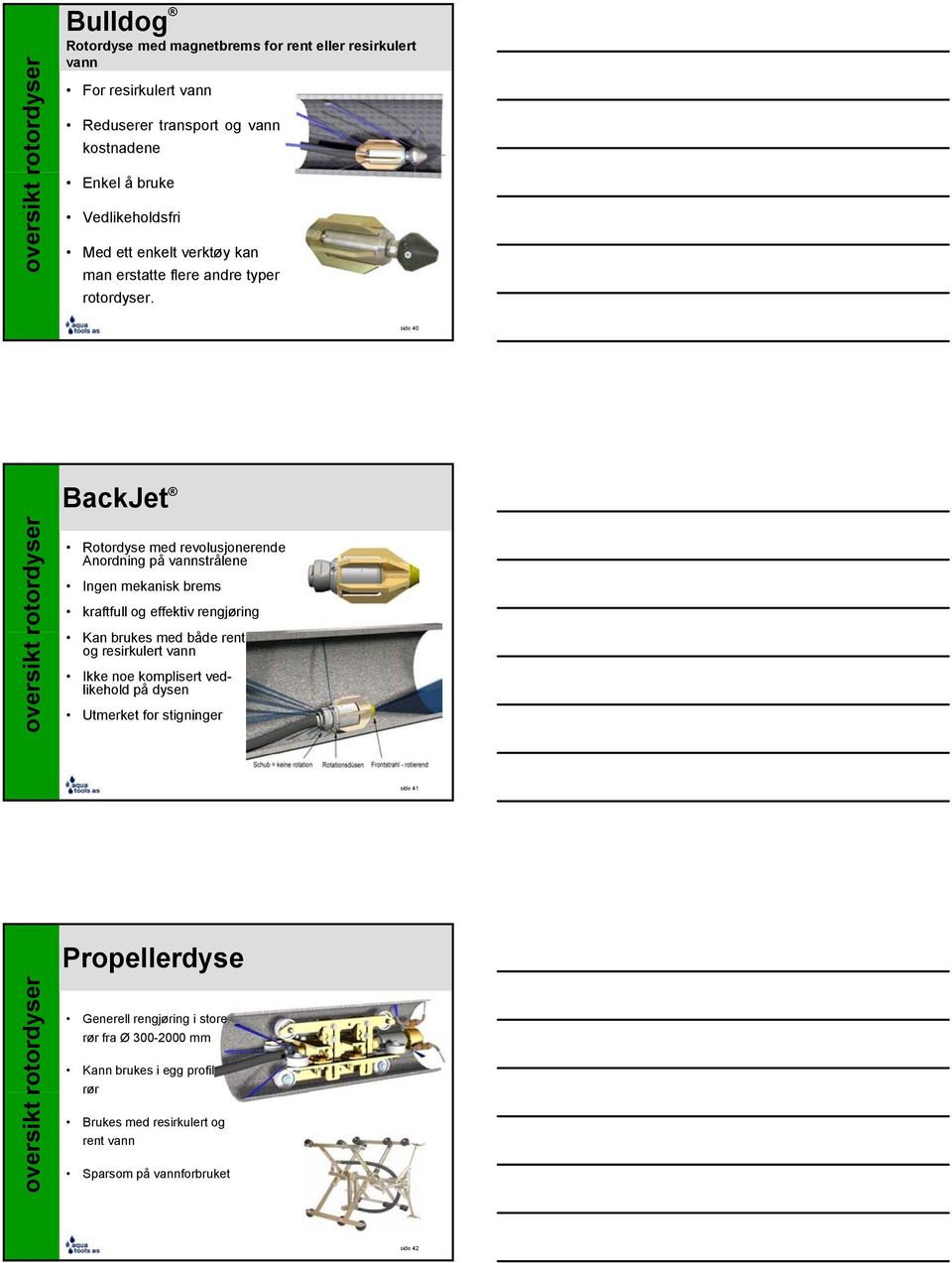side 40 oversikt rotordyser BackJet Rotordyse med revolusjonerende Anordning på vannstrålene Ingen mekanisk brems kraftfull og effektiv rengjøring Kan brukes med både rent