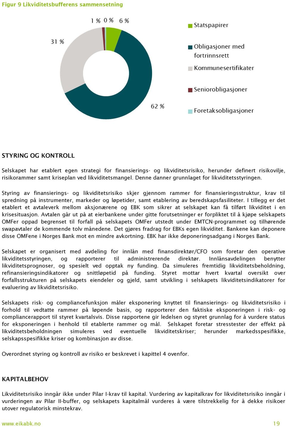 Styring av finansierings- og likviditetsrisiko skjer gjennom rammer for finansieringsstruktur, krav til spredning på instrumenter, markeder og løpetider, samt etablering av beredskapsfasiliteter.