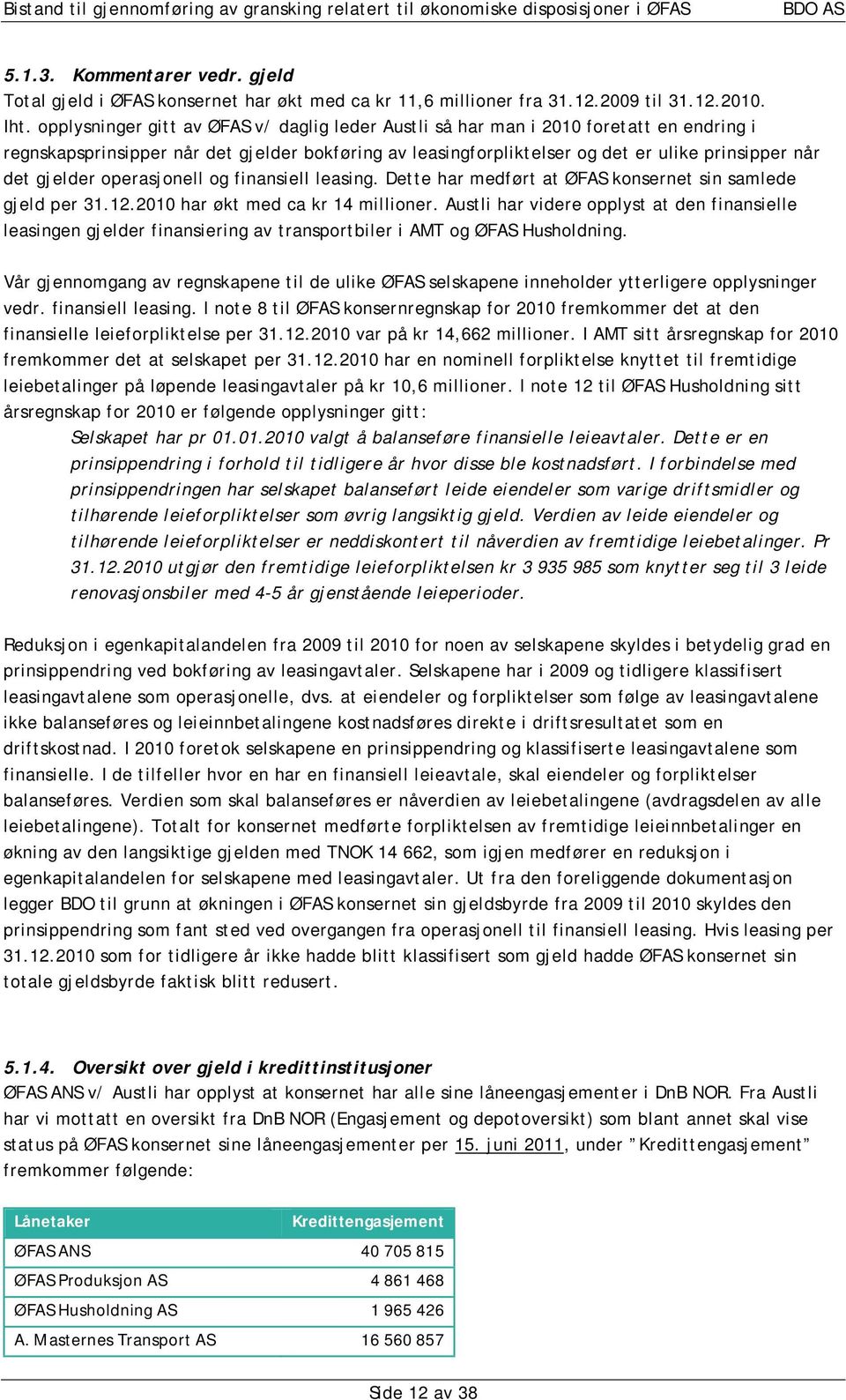 gjelder operasjonell og finansiell leasing. Dette har medført at ØFAS konsernet sin samlede gjeld per 31.12.2010 har økt med ca kr 14 millioner.