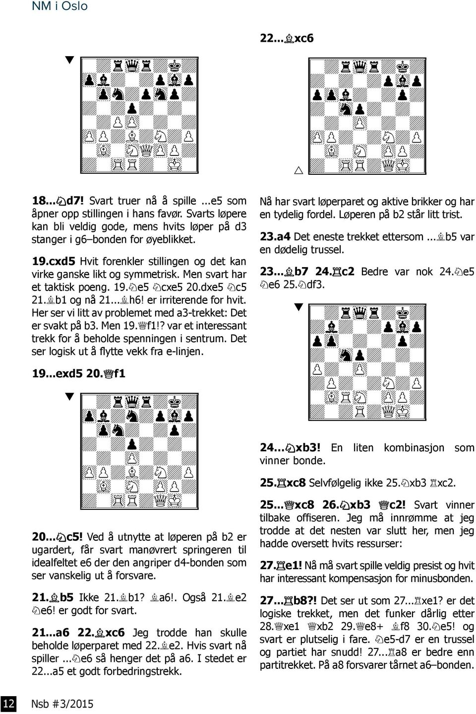 Men svart har et taktisk poeng. 19.Se5 Scxe5 20.dxe5 Sc5 21.Lb1 og nå 21...Lh6! er irriterende for hvit. Her ser vi litt av problemet med a3-trekket: Det er svakt på b3. Men 19.Df1!