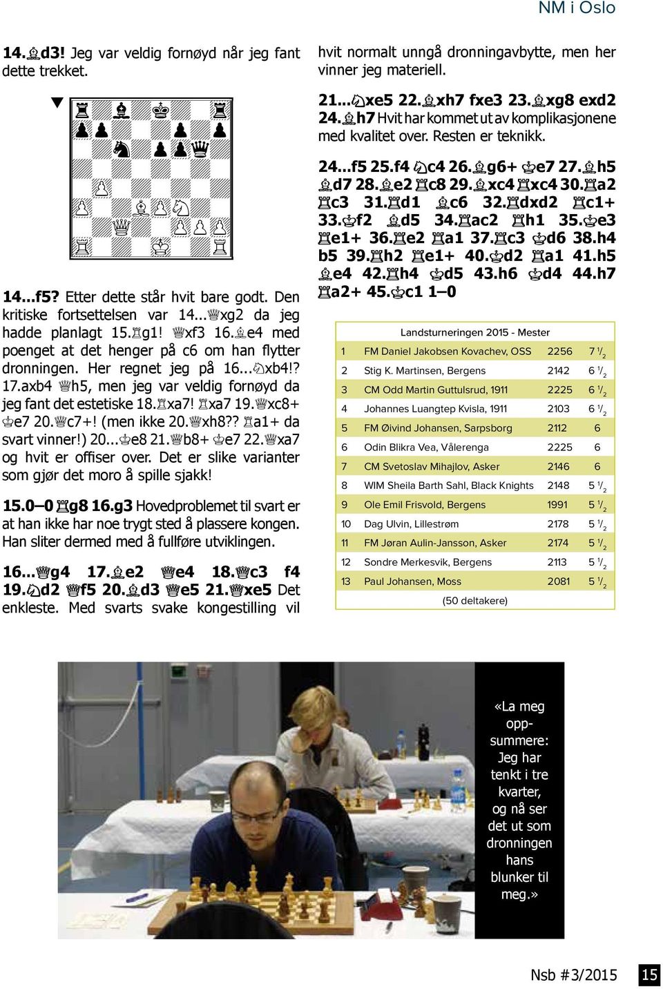 ..Sxb4!? 17.axb4 Dh5, men jeg var veldig fornøyd da jeg fant det estetiske 18.Txa7! Txa7 19.Dxc8+ Ke7 20.Dc7+! (men ikke 20.Dxh8?? Ta1+ da svart vinner!) 20...Ke8 21.Db8+ Ke7 22.