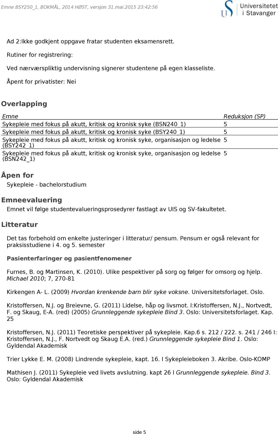 Åpent for privatister: Nei Overlapping Emne Reduksjon (SP) Sykepleie med fokus på akutt, kritisk og kronisk syke (BSN240_1) 5 Sykepleie med fokus på akutt, kritisk og kronisk syke (BSY240_1) 5