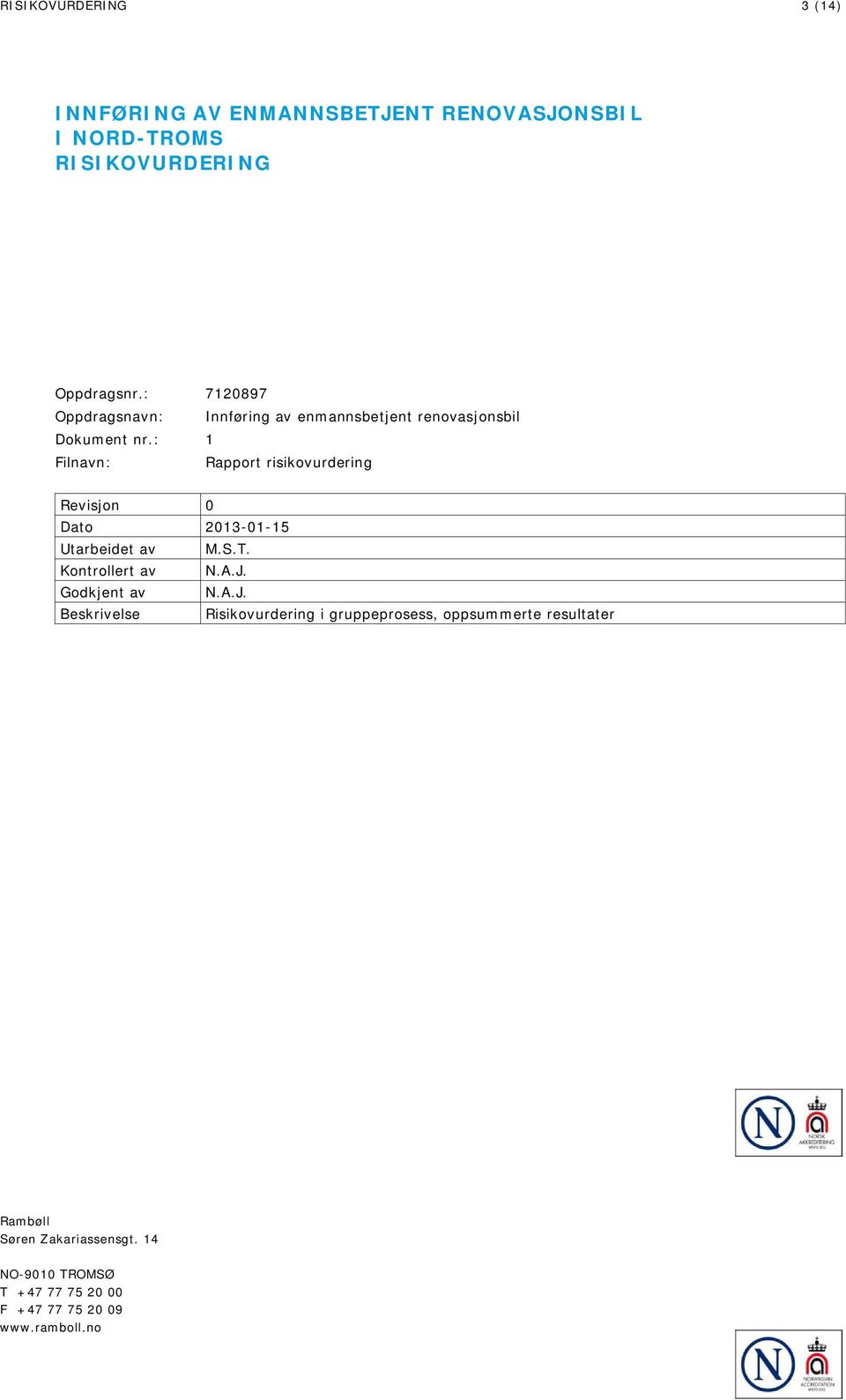 : 1 Filnavn: Rapport risikovurdering Revisjon 0 Dato 2013-01-15 Utarbeidet av M.S.T. Kontrollert av N.A.J.