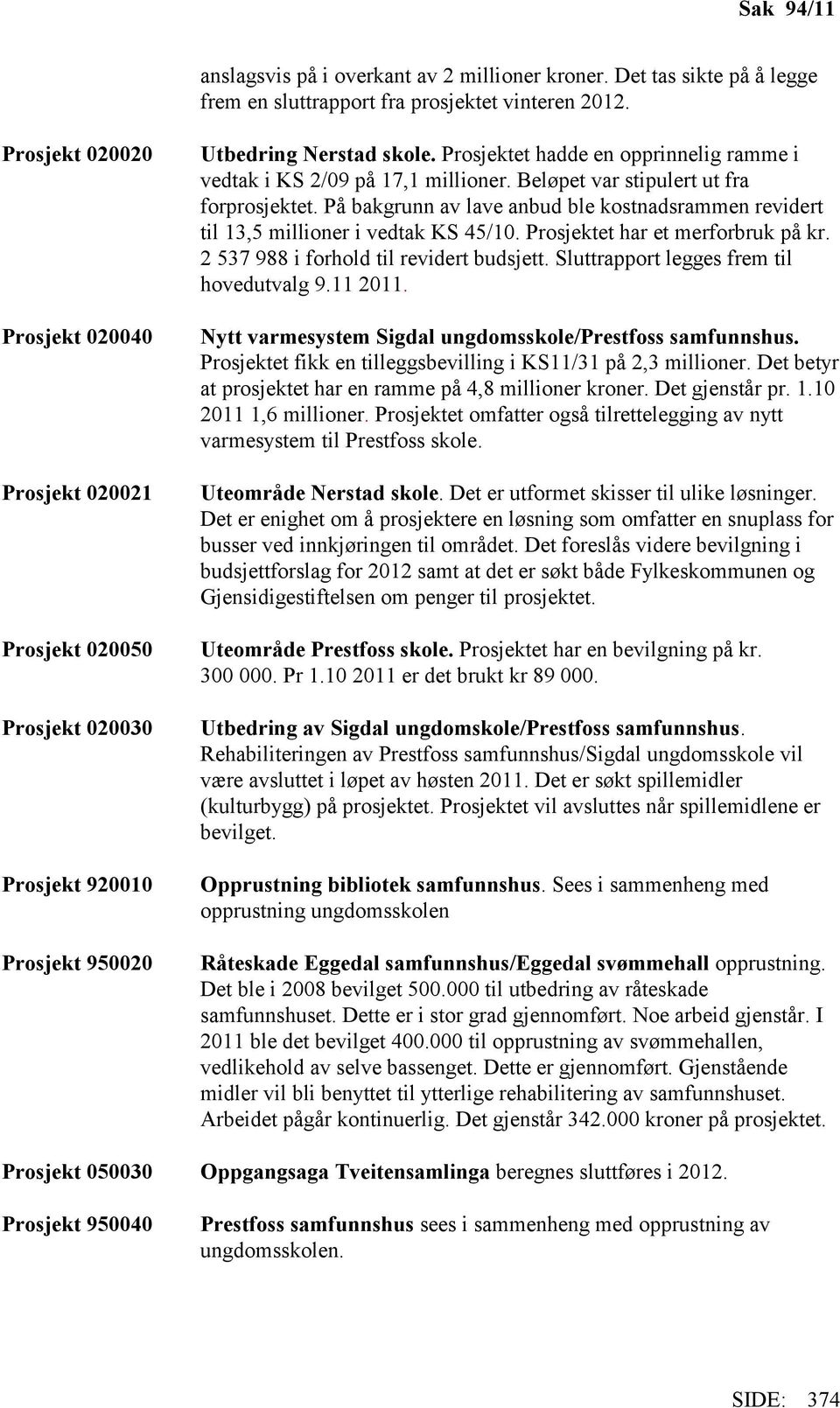 Prosjektet hadde en opprinnelig ramme i vedtak i KS 2/09 på 17,1 millioner. Beløpet var stipulert ut fra forprosjektet.