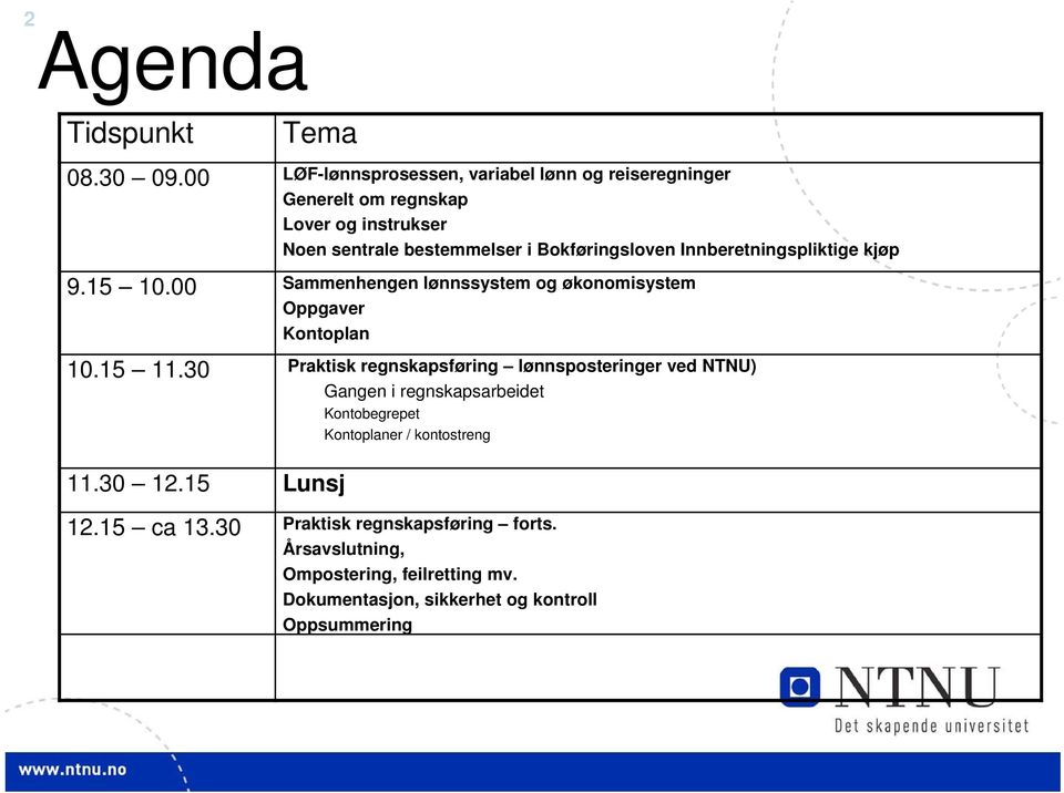 Innberetningspliktige kjøp 9.15 10.00 Sammenhengen lønnssystem og økonomisystem Oppgaver Kontoplan 10.15 11.