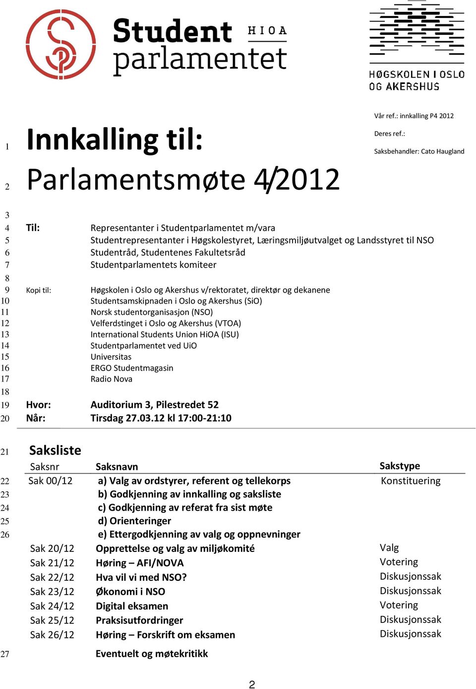 Læringsmiljøutvalget og Landsstyret til NSO Studentråd, Studentenes Fakultetsråd Studentparlamentets komiteer Høgskolen i Oslo og Akershus v/rektoratet, direktør og dekanene Studentsamskipnaden i