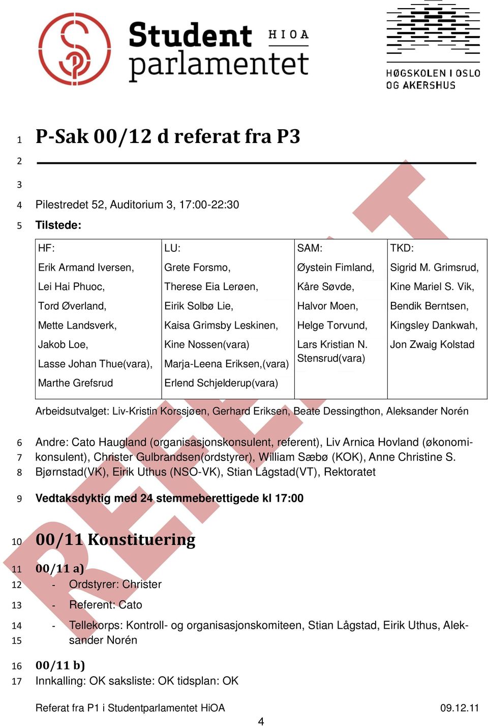 Vik, Tord Øverland, Eirik Solbø Lie, Halvor Moen, Bendik Berntsen, Mette Landsverk, Kaisa Grimsby Leskinen, Helge Torvund, Kingsley Dankwah, Jakob Loe, Lasse Johan Thue(vara), Kine Nossen(vara)