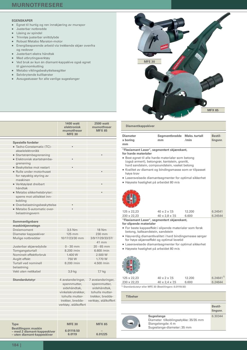 A vsugsstusser for alle vanlige sugeslanger MFE 30 MFX 65 Spesielle fordeler Tacho-Constamatic (TC)- akselelektronikk Startstrømbegrensning Elektronisk startstrømbegrensning Beskyttelse mot restart