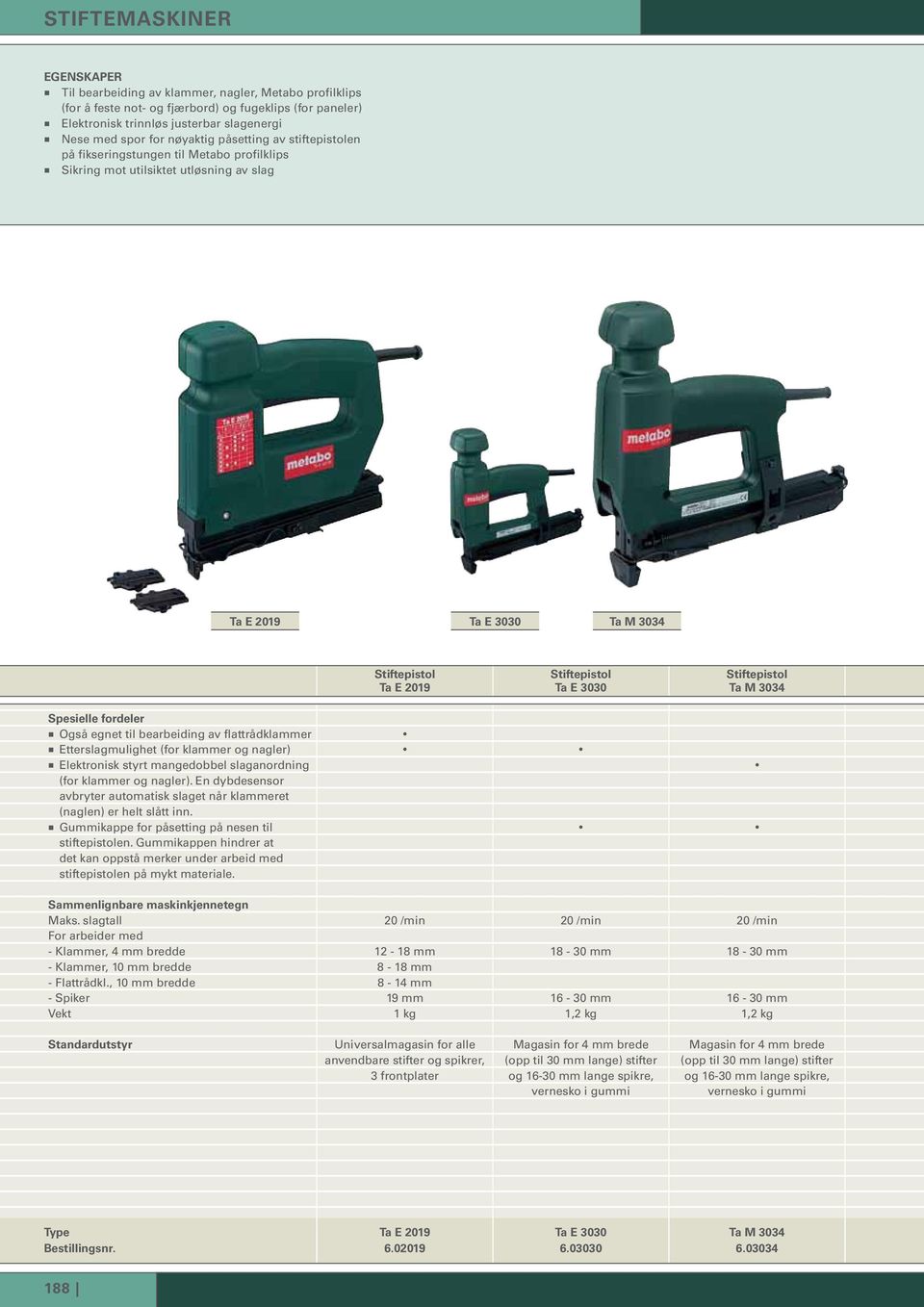 Stiftepistol Ta M 3034 Spesielle fordeler Også egnet til bearbeiding av flattrådklaer Etterslagmulighet (for klaer og nagler) Elektronisk styrt mangedobbel slaganordning (for klaer og nagler).